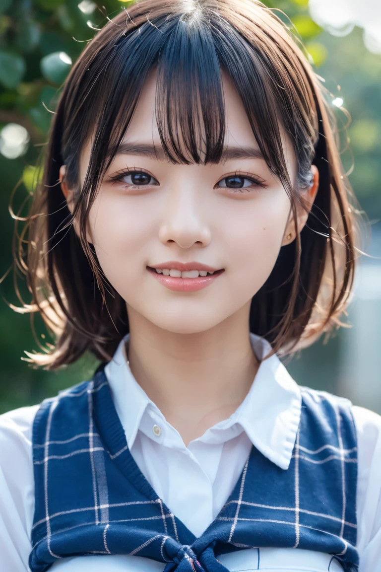 ((school uniform)),ribbon at neck,(school uniform and ((Plaid navy skirt)) and white shirt:1.1), Skin color, big , smile, (8k, RAW Photos, Highest quality, masterpiece:1.2), masterpiece, super detailed, super high quality, (Realistic and Realistic photography:1. 37), High-resolution RAW color photos, Very delicate and beautiful, highly detailed, 8k壁紙, wonderful, detailed, Very eye, very detailed, very detailed skin, very thin fingers, very detailed nose, very detailed mouth, Perfect Anatomy, Upper Body, studio, Soft lighting, A full-body shot of a cute idol wearing a one-piece swimsuit, Playful pose, Hands on hips, smile, Pastel Background, Realistic, Attention to detail, studio photography