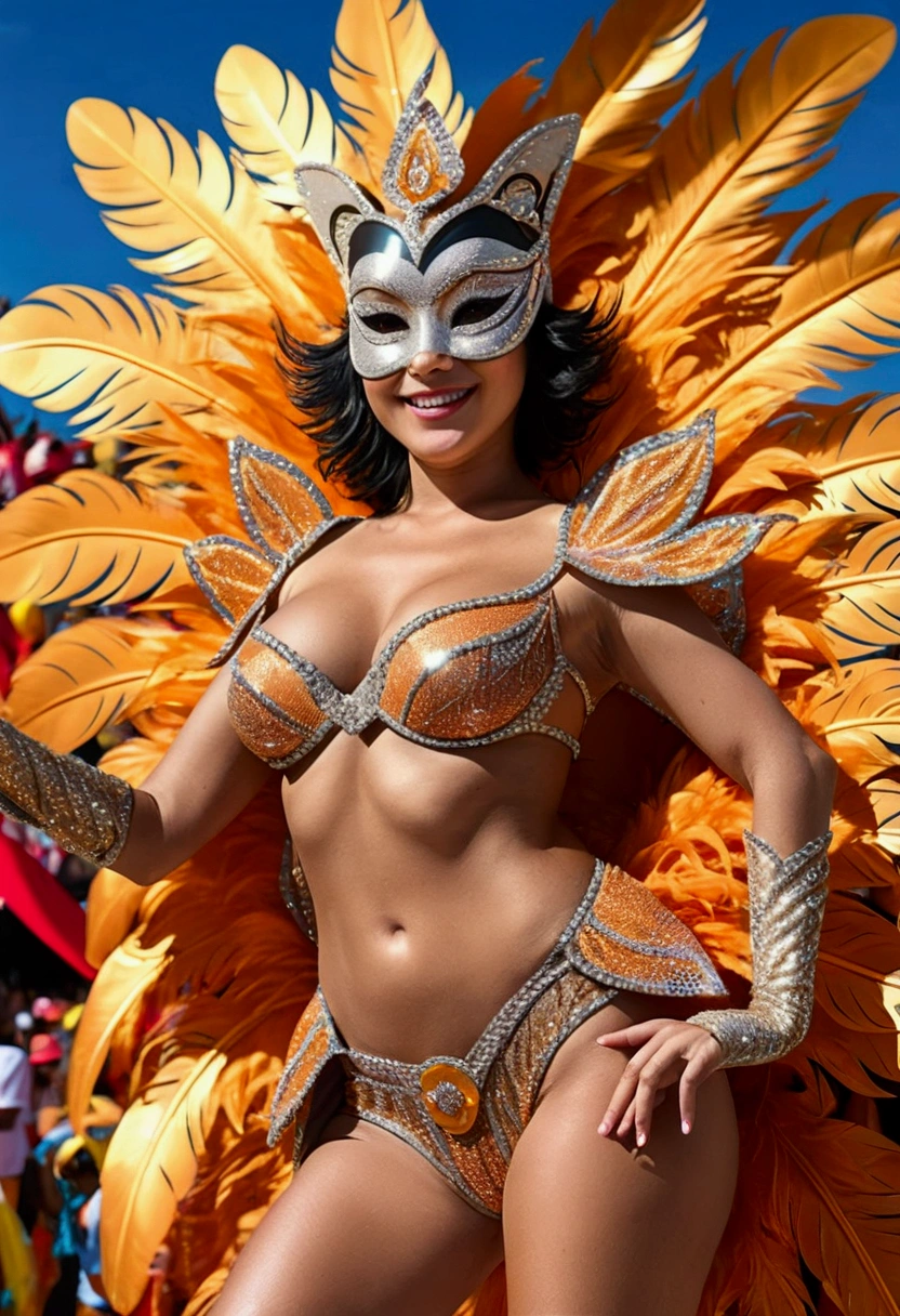 8k、Ultra-high resolution、Highest quality、Tabletop、Ultra-high resolution(Super huge giant chest、Toned body:1.18)、(Samba Carnival Costume with Feathers:1.5)(Short black hair:1.1)、Japanese women、very cute、Cute Smile、(((((Showing pussy)))))、((Showing nipples))、(Showing anal)、Squat、Spread your legs,High Kick、bikini、Outdoor、a sunny day、Many people々、Dancing the Samba