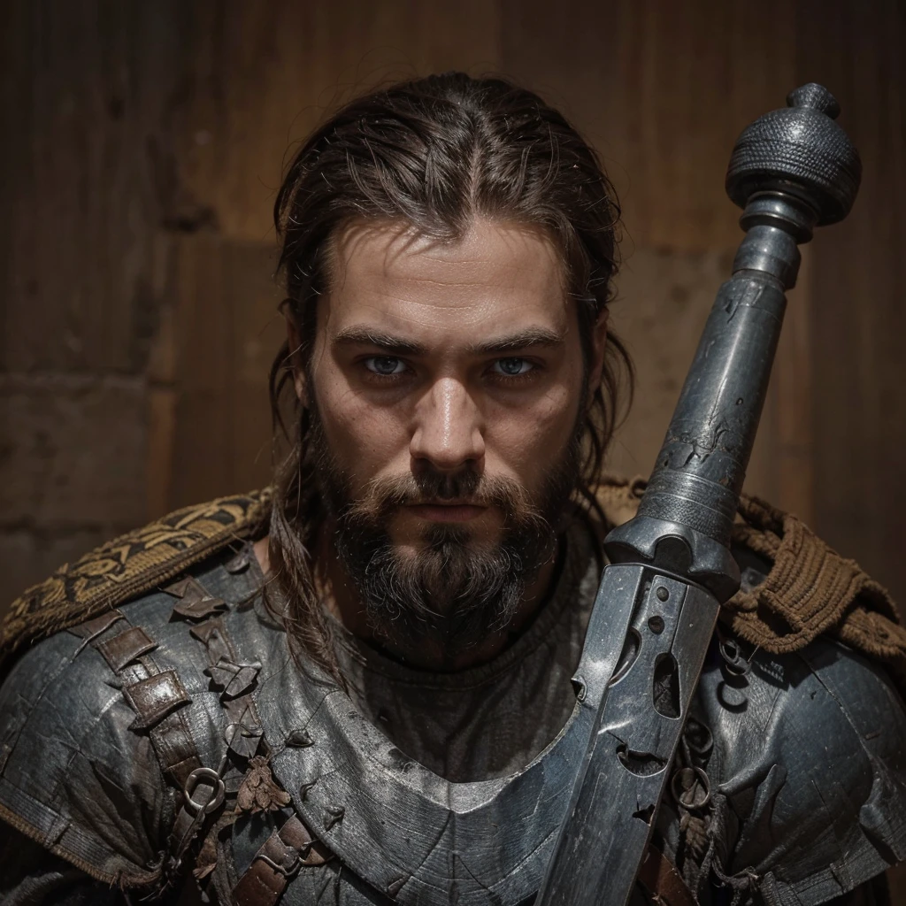 Conrad was a tall and strong young man, but an experienced man. He had piercing blue eyes, who seemed able to see through the very depths of the darkness of our world. His black hair was cut short, and the beard is quite thick, expressing severity , determination and paying tribute to its culture, Despite his young age, he already had gray strands of hair, this is a consequence of large doses of herbal decoctions and the internal state after all the battles with the horrors of this world . His face showed clear signs of battle and trials., reflecting his past when he was a Varangian and now , when he is a cleaner-messenger of God .
Conrad wore lightweight knight's armor on a leather suit decorated with the symbols of the New Vatican - a cross and other sacred signs, as well as pagan runes as a tribute to one’s past and ancestors. On his belt hung a sword with a carefully sharpened blade., shaped like a cross ready for battle at any moment. His stoic posture and confident gaze exuded unshakable determination and dedication to the war effort. .