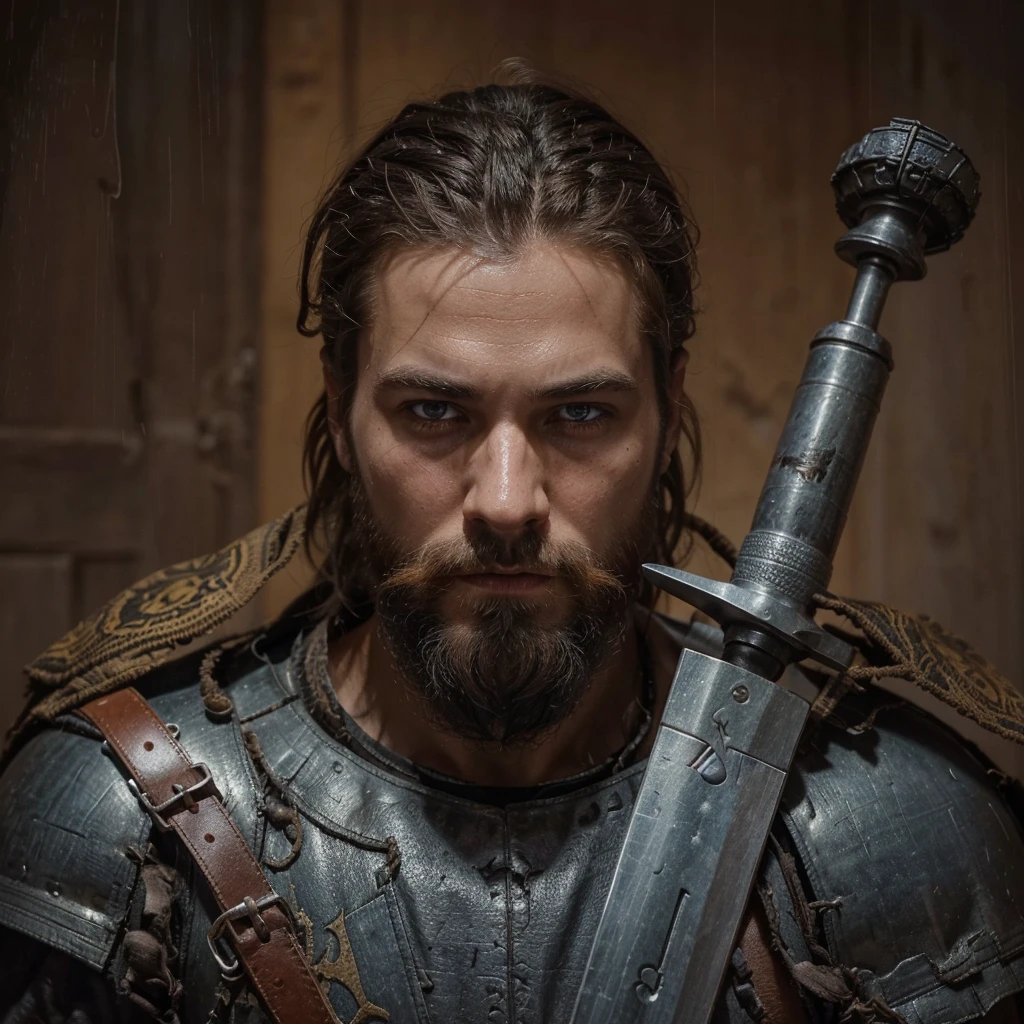Conrad was a tall and strong young man, but an experienced man. He had piercing blue eyes, who seemed able to see through the very depths of the darkness of our world. His black hair was cut short, and the beard is quite thick, expressing severity , determination and paying tribute to its culture, Despite his young age, he already had gray strands of hair, this is a consequence of large doses of herbal decoctions and the internal state after all the battles with the horrors of this world . His face showed clear signs of battle and trials., reflecting his past when he was a Varangian and now , when he is a cleaner-messenger of God .
Conrad wore lightweight knight's armor on a leather suit decorated with the symbols of the New Vatican - a cross and other sacred signs, as well as pagan runes as a tribute to one’s past and ancestors. On his belt hung a sword with a carefully sharpened blade., shaped like a cross ready for battle at any moment. His stoic posture and confident gaze exuded unshakable determination and dedication to the war effort. .