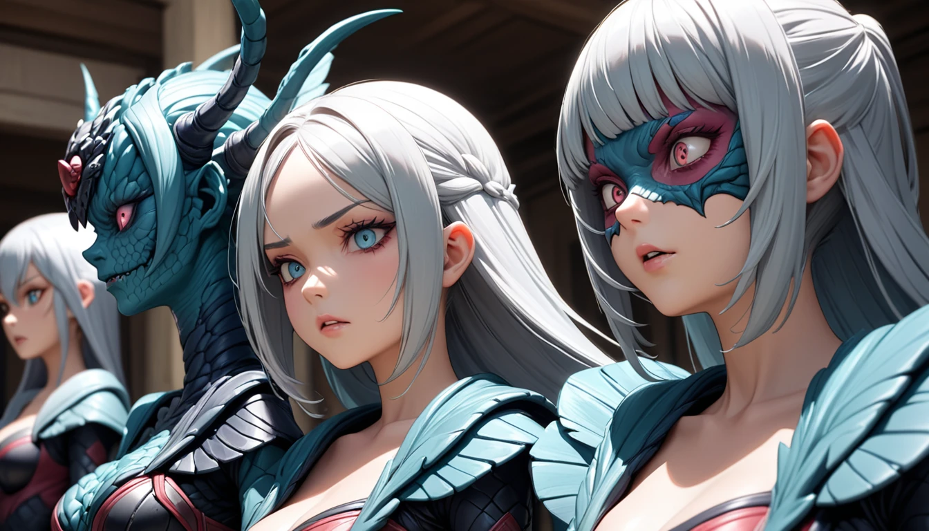 Three beautiful monster girls at school, super detailing, Evil Faces