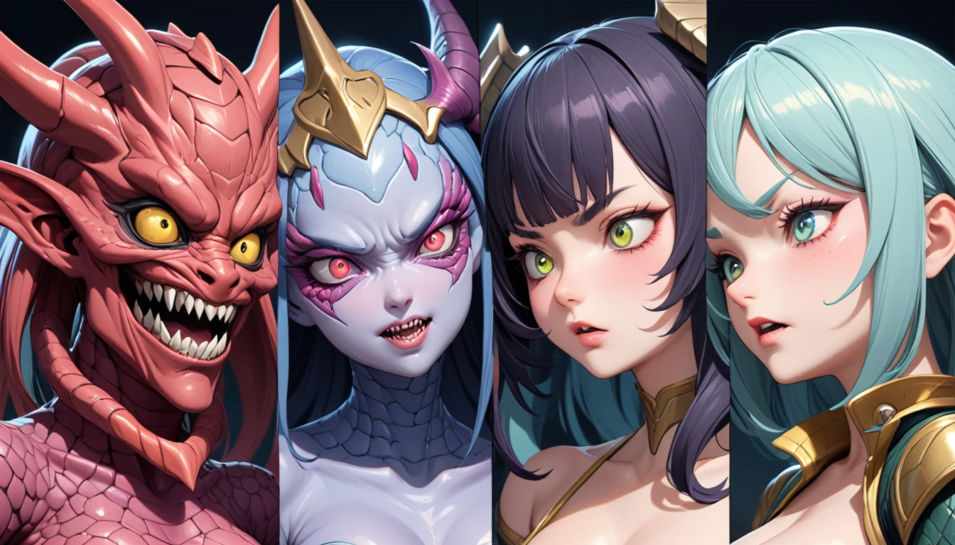 Three beautiful monster girls at school, super detailing, Evil Faces