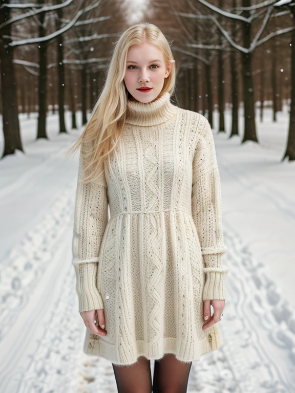 woman, young, blonde, pale skin, dress, winter, snow