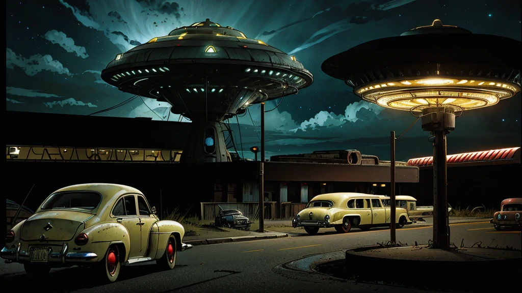 a ufo landing in 1950s small town, UFO, flying saucer, ufo landing, popping colors, contrast, detailed realistic cinematic scene, cinematic lighting, dramatic sky with clouds, abandoned vintage car, old-fashioned buildings, neon signs, 1950s era atmosphere, vibrant colors, hyper-realistic, 8k, ultra-detailed