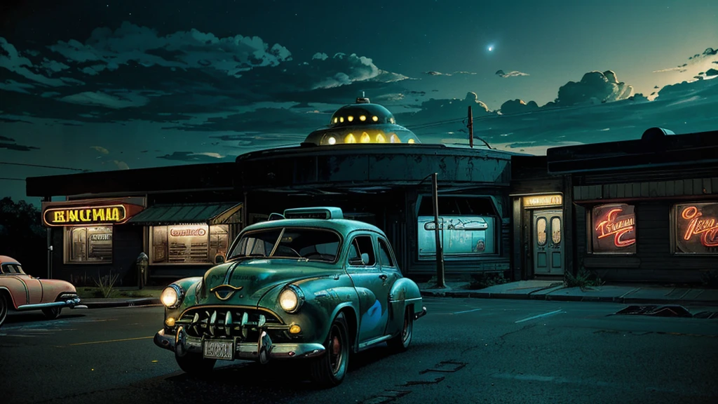 a ufo landing in 1950s small town, UFO, flying saucer, ufo landing, popping colors, contrast, detailed realistic cinematic scene, cinematic lighting, dramatic sky with clouds, abandoned vintage car, old-fashioned buildings, neon signs, 1950s era atmosphere, vibrant colors, hyper-realistic, 8k, ultra-detailed
