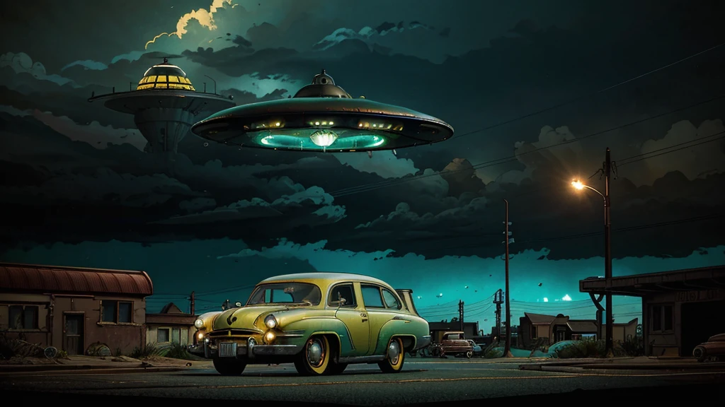 a ufo landing in 1950s small town, UFO, flying saucer, ufo landing, popping colors, contrast, detailed realistic cinematic scene, cinematic lighting, dramatic sky with clouds, abandoned vintage car, old-fashioned buildings, neon signs, 1950s era atmosphere, vibrant colors, hyper-realistic, 8k, ultra-detailed