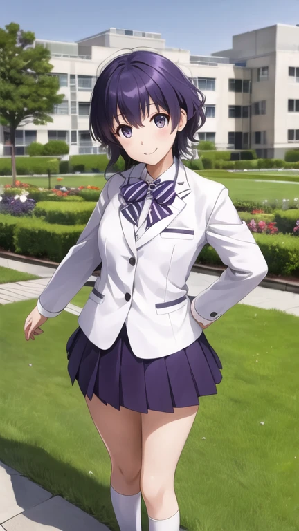 masterpiece, best quality, highres, hyoudou michiru, solo, pleated skirt, bowtie, striped bow, white jacket, black socks, purple skirt, white blazer, striped bowtie, long sleeves, standing, smile, outdoors, garden, school, building, waving, leaning forward,