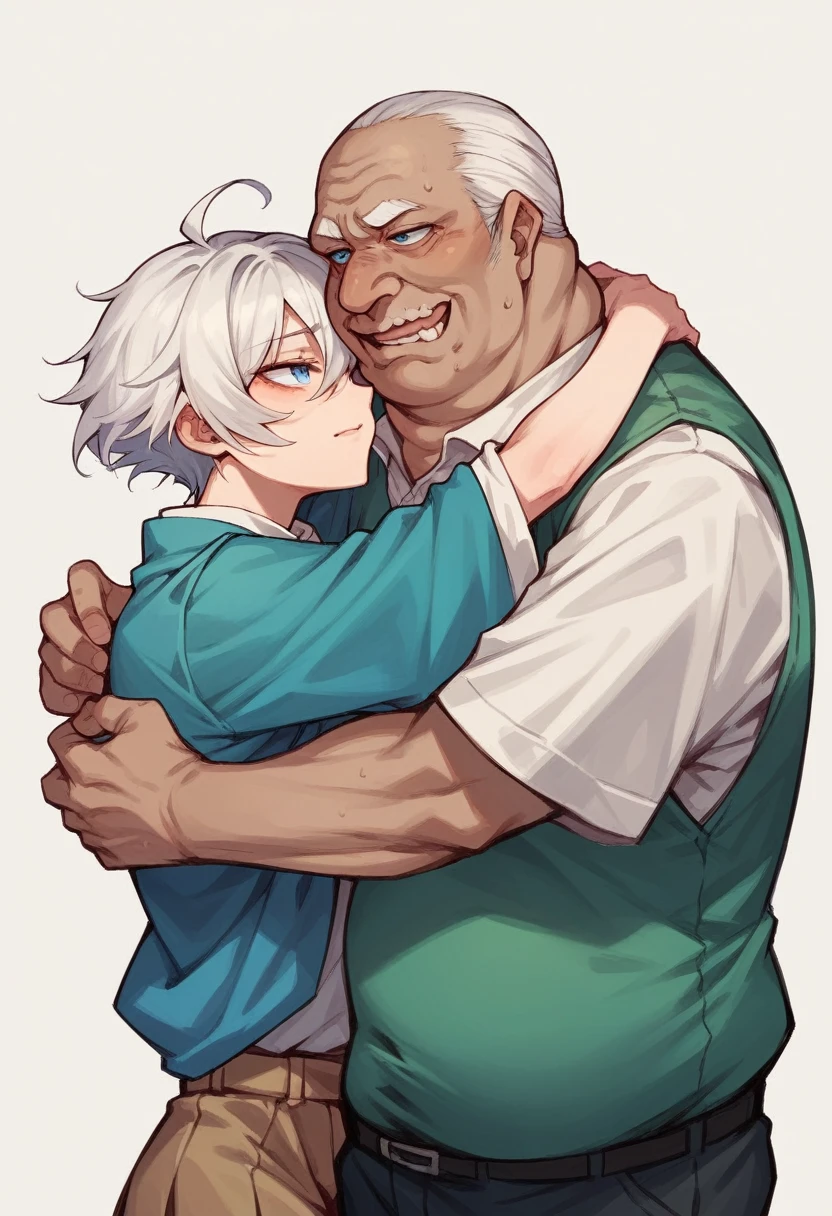A beggar girl with short white hair and blue eyes hugging an ugly man