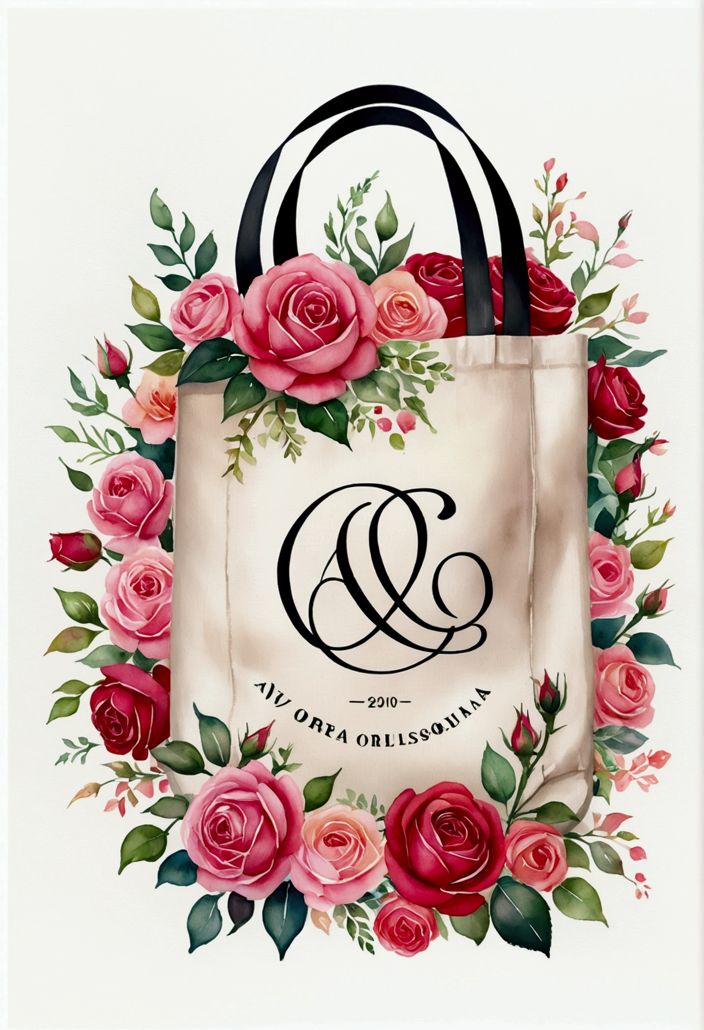 An exquisite 8k illustration featuring a linen bag adorned with a floral frame. The delicate watercolor flowers bloom in vibrant shades of pink and red, creating a captivating rose theme. The engaging design showcases the logo  (text:"Avó Orgulhosa"), written in a stylish serif typeface with a touch of black. The illustration captures the spirit of roses, embodying the essence of best quality, masterpiece, and official artwork. The attention to detail in this professional, ultra-high-definition piece makes it a true representative work of creative craftsmanship.