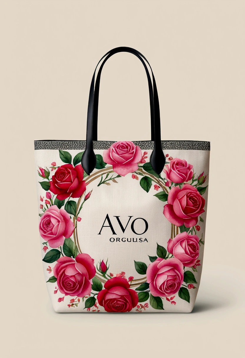 An exquisite 8k illustration featuring a linen bag adorned with a floral frame. The delicate watercolor flowers bloom in vibrant shades of pink and red, creating a captivating rose theme. The engaging design showcases the logo (text:"Avó Orgulhosa"), written in a stylish serif typeface with a touch of black. The illustration captures the spirit of roses, embodying the essence of best quality, masterpiece, and official artwork. The attention to detail in this professional, ultra-high-definition piece makes it a true representative work of creative craftsmanship.