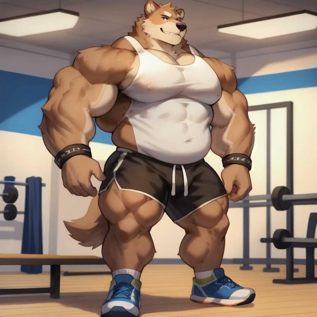 Solo, male, grizzly bear, brown fur, standing, Fitness room, (((muscular, tall, buff, strong, powerful, biceps))), slightly chubby, by bebebebebe, smirking, blue white tank top, black shorts, wristbands and shoes with socks,