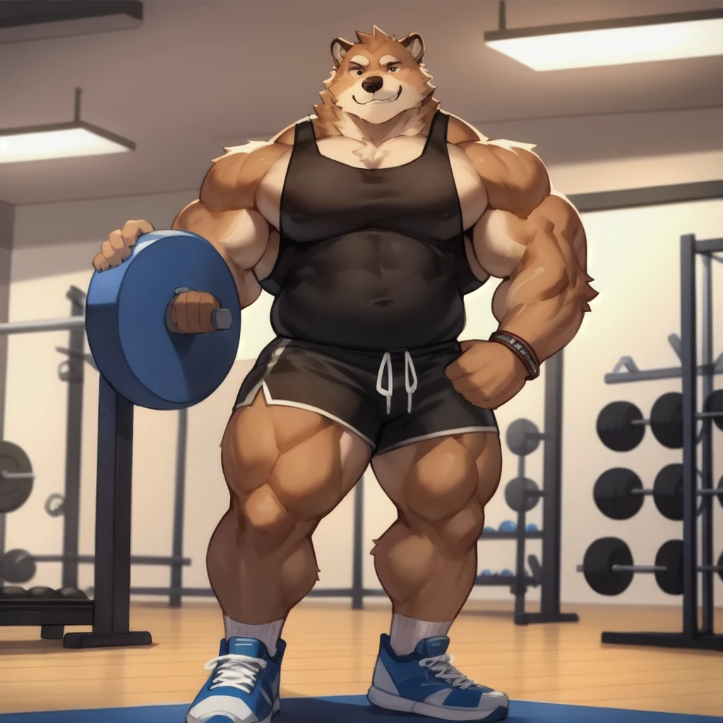 Solo, male, grizzly bear, brown fur, standing, Fitness room, (((muscular, tall, buff, strong, powerful, biceps))), slightly chubby, by bebebebebe, smirking, blue white tank top, black shorts, wristbands and shoes with socks, 