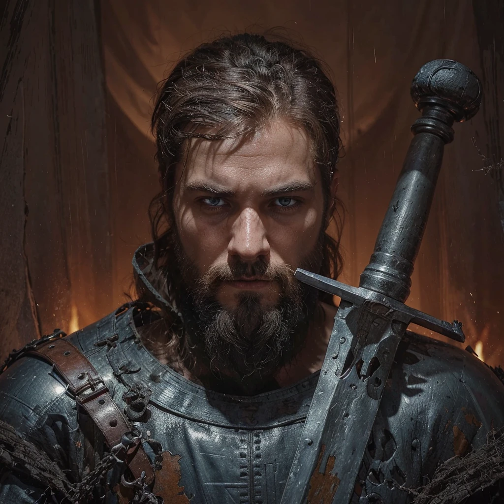 Conrad was a tall and strong young man, but an experienced man. He had piercing blue eyes, who seemed able to see through the very depths of the darkness of our world. His black hair was cut short, and the beard is quite thick, expressing severity , determination and paying tribute to its culture, Despite his young age, he already had gray strands of hair, this is a consequence of large doses of herbal decoctions and the internal state after all the battles with the horrors of this world . His face showed clear signs of battle and trials., reflecting his past when he was a Varangian and now , when he is a cleaner-messenger of God .
Conrad wore lightweight knight's armor on a leather suit decorated with the symbols of the New Vatican - a cross and other sacred signs, as well as pagan runes as a tribute to one’s past and ancestors. On his belt hung a sword with a carefully sharpened blade., shaped like a cross ready for battle at any moment. His stoic posture and confident gaze exuded unshakable determination and dedication to the war effort. .