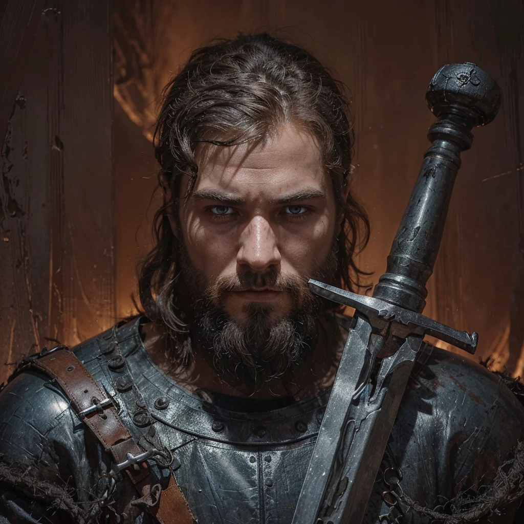 Conrad was a tall and strong young man, but an experienced man. He had piercing blue eyes, who seemed able to see through the very depths of the darkness of our world. His black hair was cut short, and the beard is quite thick, expressing severity , determination and paying tribute to its culture, Despite his young age, he already had gray strands of hair, this is a consequence of large doses of herbal decoctions and the internal state after all the battles with the horrors of this world . His face showed clear signs of battle and trials., reflecting his past when he was a Varangian and now , when he is a cleaner-messenger of God .
Conrad wore lightweight knight's armor on a leather suit decorated with the symbols of the New Vatican - a cross and other sacred signs, as well as pagan runes as a tribute to one’s past and ancestors. On his belt hung a sword with a carefully sharpened blade., shaped like a cross ready for battle at any moment. His stoic posture and confident gaze exuded unshakable determination and dedication to the war effort. .