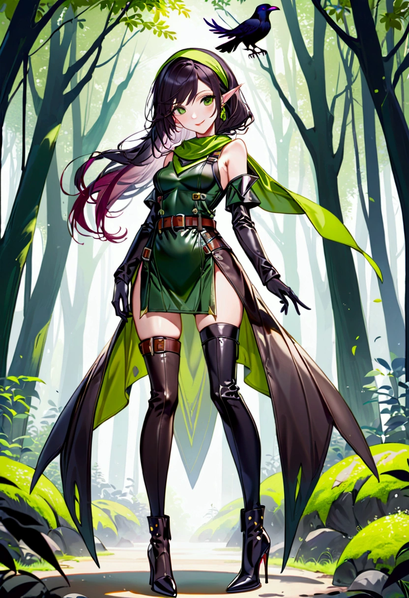full body picture, anime style, female sexy elf ranger in fantasy forest, beautiful raven-haired elf woman, round hips, slender waist and shoulders, small perky chest, green double slit ranger uniform mini-dress with upper part bodice-style shoulderless, same length double slits on dress, thigh-high black belted leather stiletto high heeled belted boots, stiletto thigh-high leather high-heeled belted boots, leather gloves, green bandana tied over hair, brown belt on waist, long raven colored hair, green eyes, sultry smile, dark lips, dark lipstick, black eyeshadow, green headscarf covering top of head,