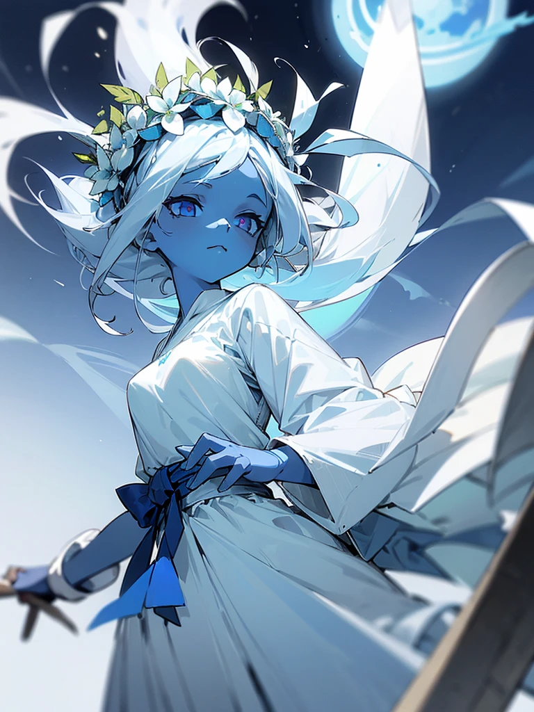 ((Blue skin)), ((missing one arm)), (has only one atm), ((one armed girl)), white skirt, greece white upper body clothes, girl, white hair, (white nimbus on her head weared as wreath)