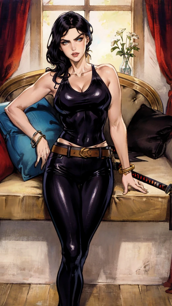 A beautiful woman with long shiny black hair, choppy bangs, a delicate face, a cold proud gaze, a fit figure, a fantasy-style high-necked leather plate top, sleeveless, exposes her waist, a bracelet adorns her wrist, tight-fitting leather pants, her right hand holds a Katana with a blue scabbard, she lounges casually sitting on a sofa, this character embodies a finely crafted fantasy-style bounty hunter in anime style, exquisite and mature art style, (Alexandra Daddario:1.2), high definition, best quality, highres, ultra-detailed, ultra-fine painting, extremely delicate, professional, anatomically correct, symmetrical face, extremely detailed eyes and face, high quality eyes, creativity, RAW photo, UHD, 32k, Natural light, cinematic lighting, masterpiece-anatomy-perfect, masterpiece:1.5