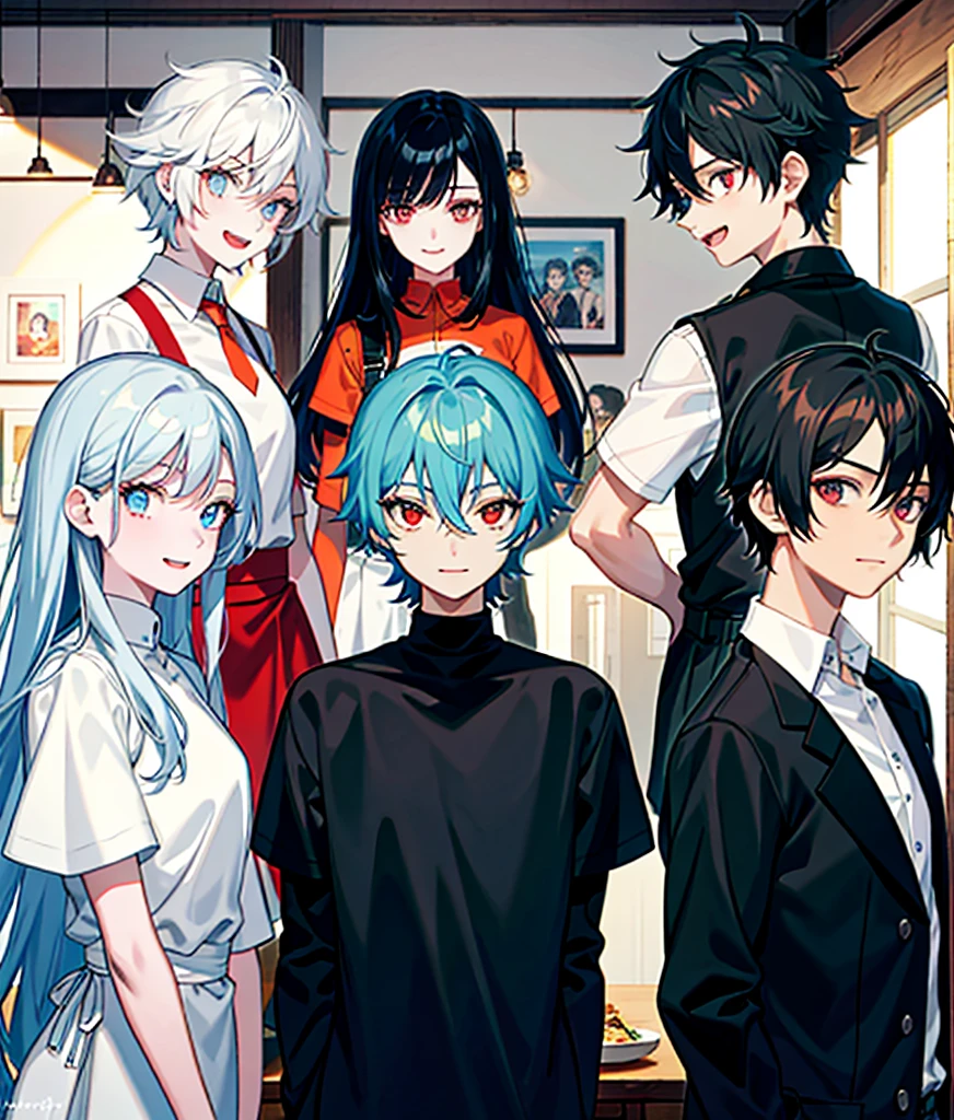 There are five characters in the picture. The first is a boy with black hair and orange eyes. The second is a girl with black hair and brown eyes. The third is a boy with black hair and red eyes. The fourth is a girl with blue hair and blue eyes. The fifth is a boy with white hair and red eyes. They are all in a restaurant and they are all laughing. They are all 3 boys and 2. girls