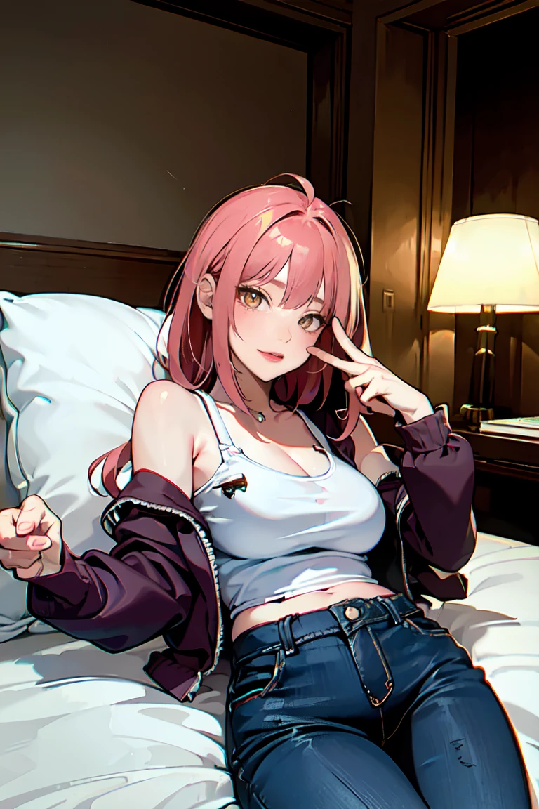 Cute teen anime catgirl full-body Crawling on the comfy bed spreading her pussy with her fingers best quality, upper body,intricate details, chromatic aberration,1girl, pixie hair, pink hair, messy hair, cinematic lighting, gothic makeup, sharp eyes,croptop, torn jeans legwear, open pants button and zipper 