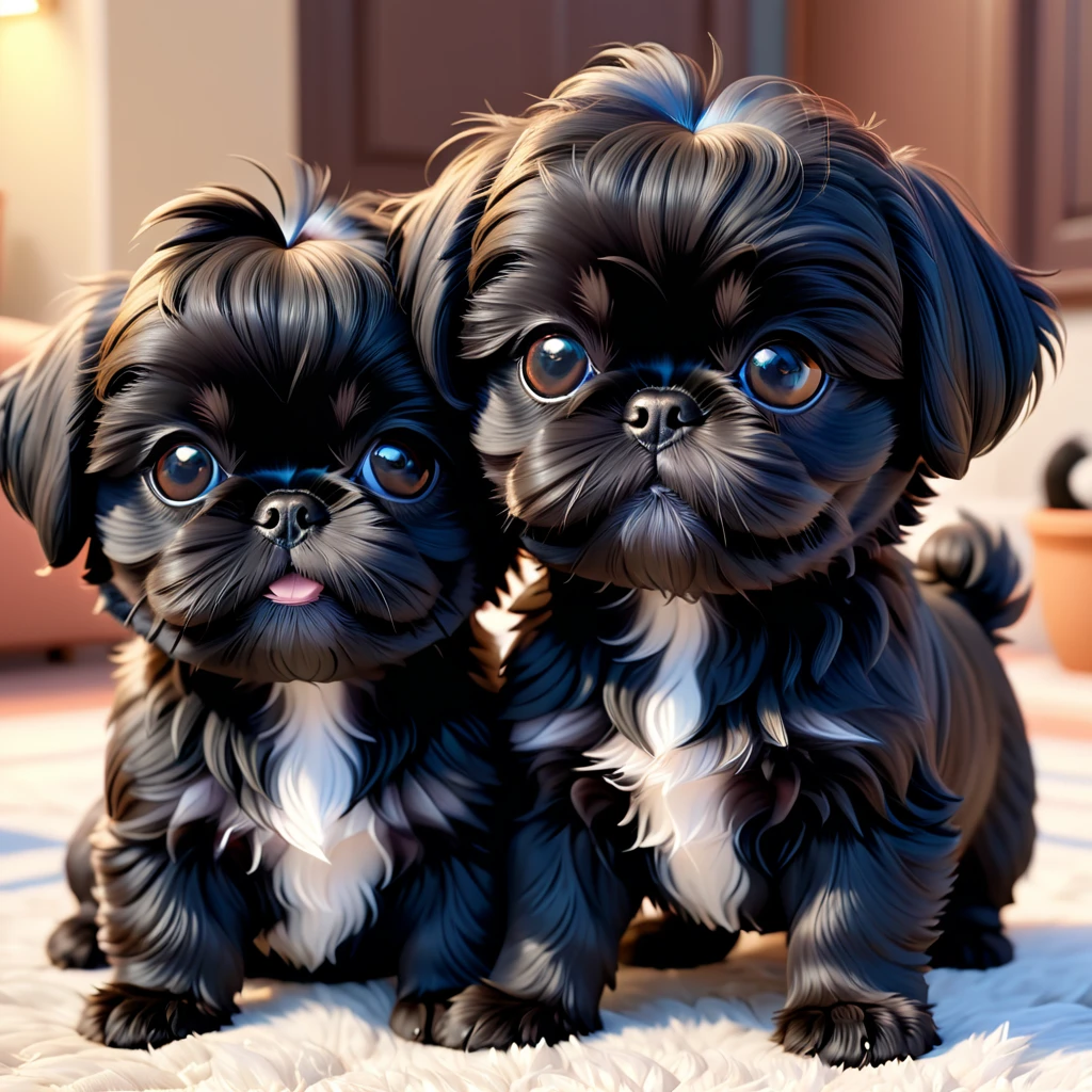 2 adorable small black shih tzu puppies, disney style 3d cartoon, cute puppies stretching, detailed fur texture, highly detailed, 3d render, disney pixar style, vibrant colors, soft lighting, photorealistic, masterpiece, best quality, 4k, 8k, highres, ultra-detailed, realistic, photo-realistic