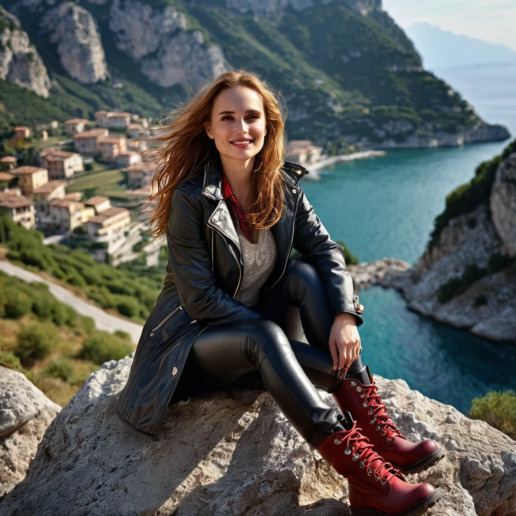 photography of mountains and sea in Italy, there is a Natalie Portman in right corner of the photography, sitting on a arock in winter sport jacket and leather leggings, red riding boots, long ginger hair, day light, enjoying, girls, summer, hot girls, (((very heavy bust))), ginger hair, long_hair, symmetrical face, photorealistic, photography, gorgeous, cleavage, western, (masterpice), best quality, high resolution, spectacular lighting, extremely detailed, skin with pores, freckles, depth of field, C-cup breats, model body, cinematic lighting, smiling, direct look at camera, detailed environment, rock mountains in Italy, extremely detailed environment