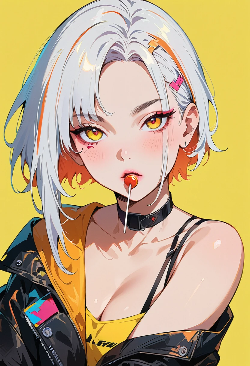 (masterpiece, best quality:1.4), 1 girl, solo, Anime style, Colored pupils, Blurred eyes, With a lollipop, Pink lower lip, Cyberpunk style makeup, Orange red lower eye shadow, Short silver asymmetrical hair, Asymmetrical short hairstyle, Long bangs on one side, Color highlights, Black off-the-shoulder leather jacket, Pure yellow background.