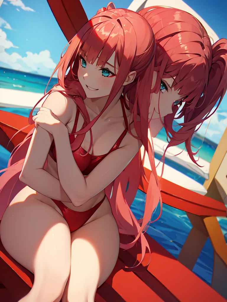 1 girl, wearing red bikini, standing sexily, looking at viewer, lower angle, long hair, ponytails, thick thighs, smiling