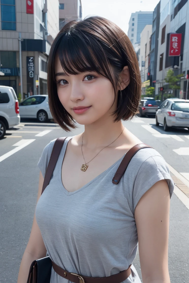 ((8k:1.27)、Highest quality、masterpiece、Ultra-high resolution:1.2)Photo Beautiful Japan woman (Comfortable:1.1) (Grey clothes:1.21) Designed by Greg Rutkowski and Alphonse Mucha Exquisite Elegance、Fantasy、detailed、geometry、Gradient lighting、One Girl、26 years old、Delicate skin、Looking at the audience、Brown eyes、(Flaxen short hair:1.2)、(Small breasts:1.0)、(middle breast wheel:0.8)、(Photorealistic:1.4)、(Highest quality:1.0)、(Ultra-high resolution:1.0)、(Without the use of hands:1.0)、8k、RAW Photos、 (Representative Song: 0.2), (Pure Eros Face_v1:0.5)、Tight clothing、tote bag、No sleeve、one piece、No sleeve、See through、smile、necklace、Linen Material、shirt、Ginza 4th Street、after work、evening、Business Fashion、Parted bangs、Hair is tied、A kind smile、Bust biting into the belt of the bag、Small breasts、Please stand up straight.、On the chest、