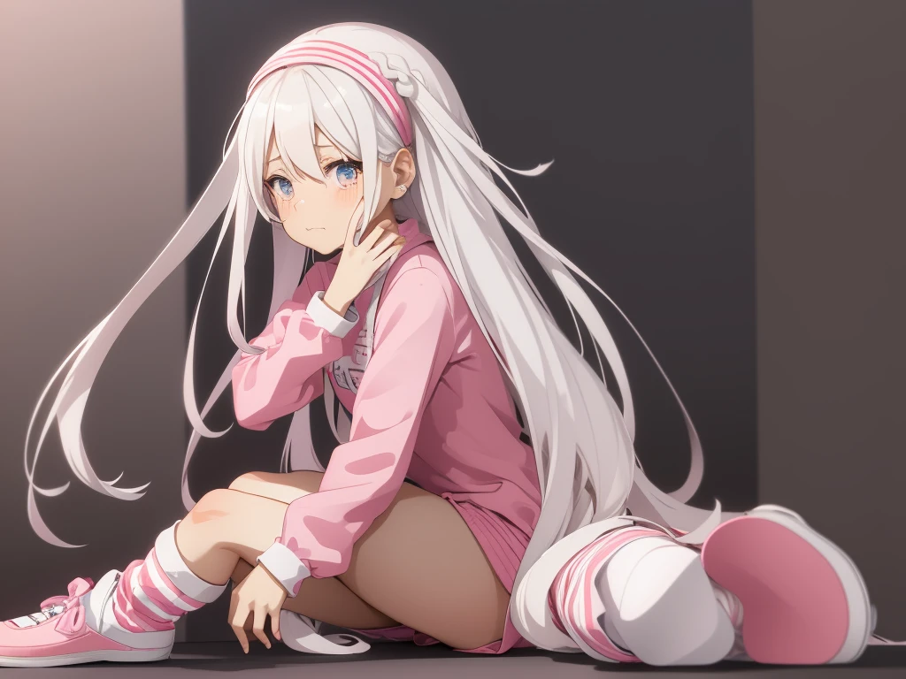 Anime girl in pink sweatshirt with white stripes, She has long, wavy white hair, she wears white leg warmers and pink shoes, They wear pink French berets, She has a crying expression.