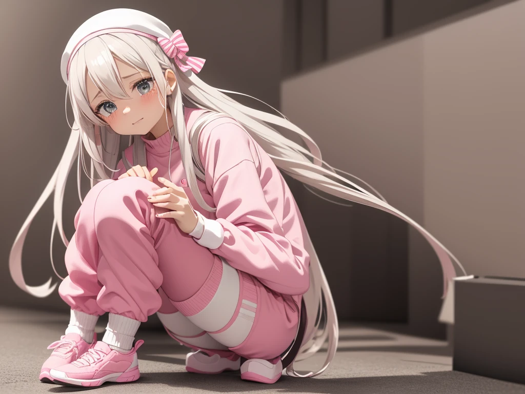 Anime girl in pink sweatshirt with white stripes, She has long, wavy white hair, she wears white leg warmers and pink shoes, They wear pink French berets, She has a crying expression.