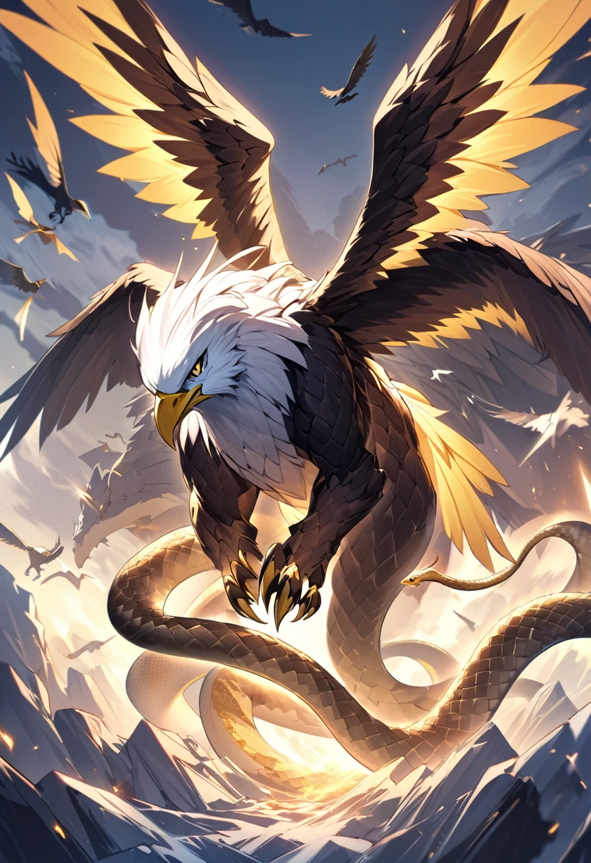 As the fight progresses,The bodies of the eagle and the snake began to merge into one.,Finally, a powerful dragon was created, with the sharp wings of an eagle and the flexible body of a snake.。The flying dragon tumbles in the air,Spread your wings and fly,Show its dominance and power。
