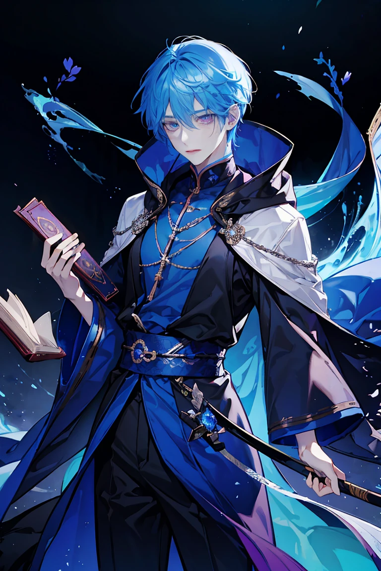 Sorcerer a pinkhightlightbluehair men, wearing a , fasion hair, fasion hair, slim body, hood, hakama, men, handsome face, tall 187cm, 21yearold, male, Secret,  magicbook, 