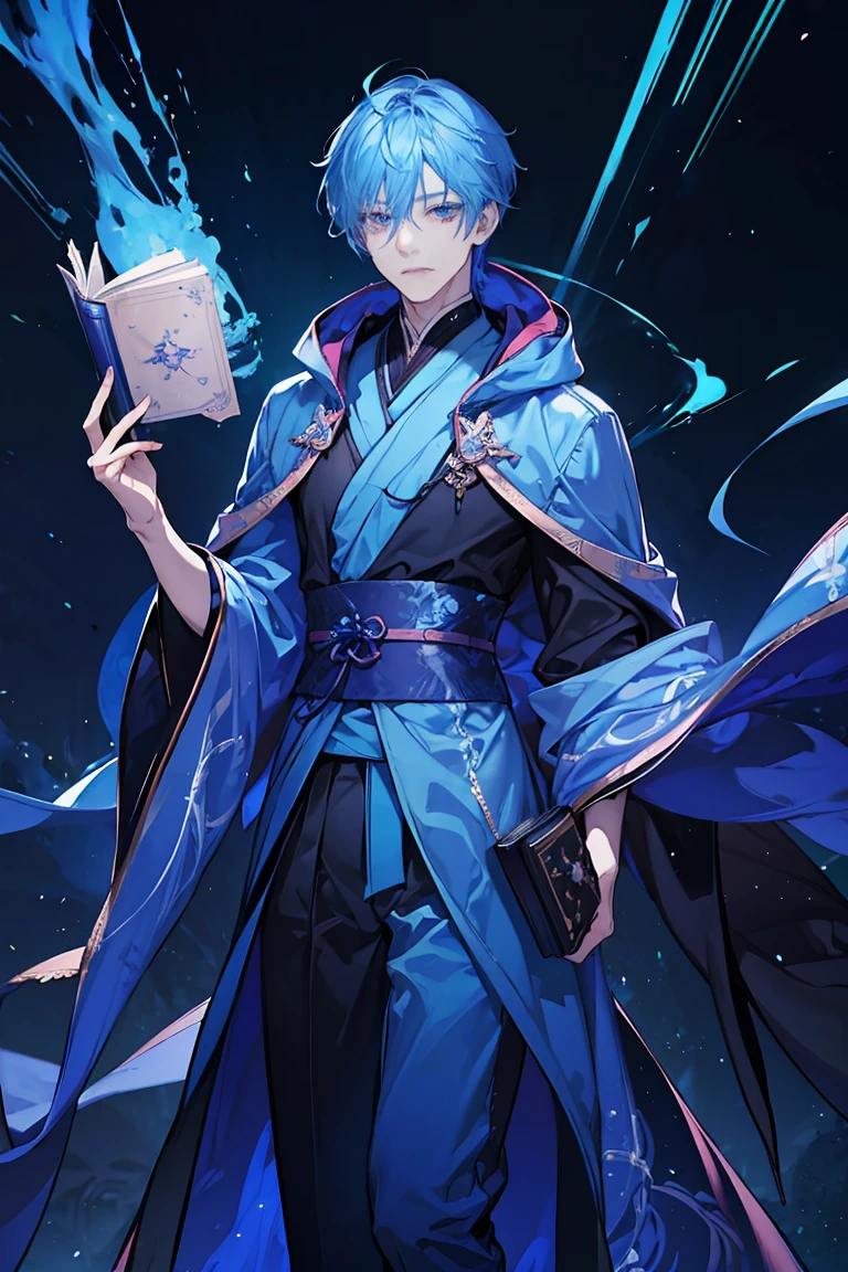 Sorcerer a pinkhightlightbluehair men, wearing a , fasion hair, fasion hair, slim body, hood, hakama, men, handsome face, tall 187cm, 21yearold, male, Secret, magicbook,