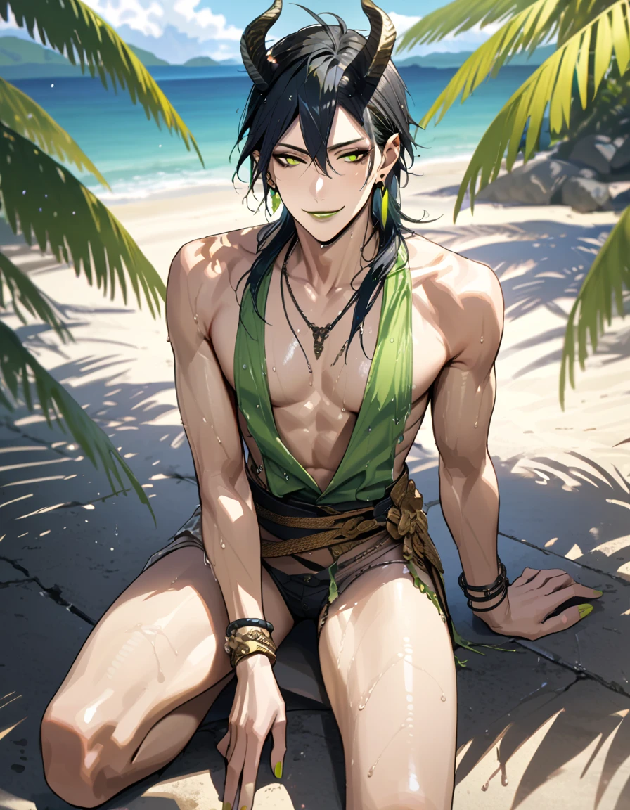 masterpiece, highres, absurdres, illustration, ((masterpiece:1.4, best quality)), (Ultra detailed background), 1boy, handsome man, highly detailed beautiful face and eyes, beautiful eyes, (sharp detail:1.3), shiny, earrings, bracelet, (wet bikini:1.3), Bari, Cebu Island, plumeria, near the beach, 1boy, sitting on floor, dynamic angle, full body, malleus draconia (twisted wonderland) horns, bishounen, boy, male, yana Toboso style, long hair, black hair, yellow green eyes, smile, gray lips, handsome, skinny, tall, yellow green glow,AddXL