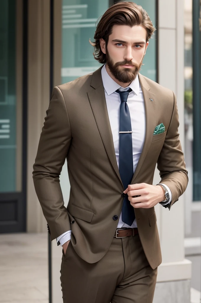  **Gender:** Man - **Appearance:** Tall and sturdy, with short brown hair, piercing green eyes and well-groomed beard. wear a suit and tie, but with a casual touch, like a faded blazer Style: fully body