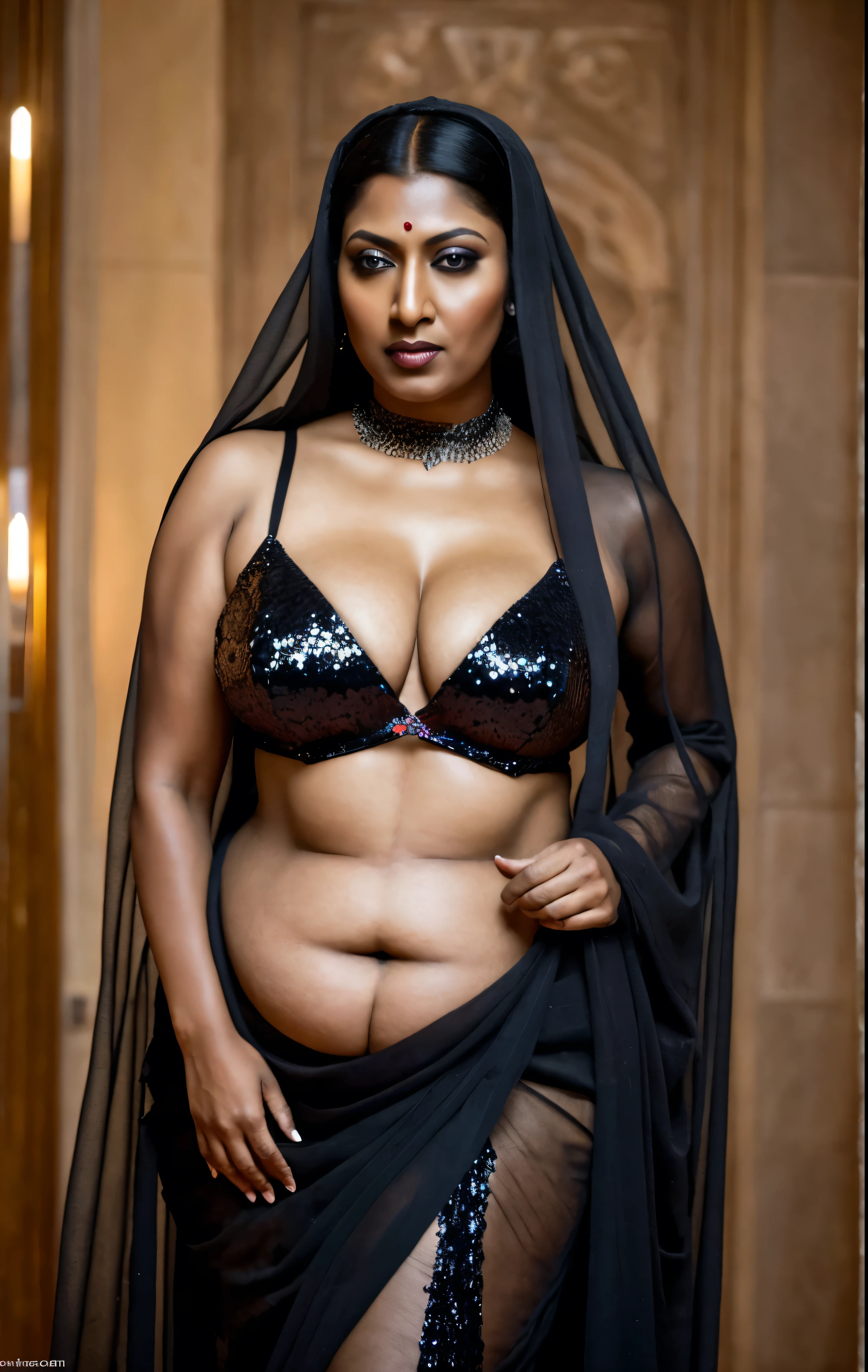 Looks like Rituparna Sengupta, full body Closeup shot, Big chubby aunty, milf, cougar lady witch, horny Gothic milf,  70 years old gorgeous mature lady, pervert demoness, demoness of lust, curvy, black lips, horny face, extremely gorgeous, thick figure, heavy physique, voluptuous, curvy, sexy figure, Fashionable portrait of androgynous alien looking witch wearing veil, glowing eyes, futuristic design, minimal details, givenchy, photoreal, 200mm, hd, f/ 2.0, highly detailed, surreal, sexy beautiful evil woman, sexy bold sequin Saree with strapless Bra, chudail, Pishachini, horror genre, blood-thirsty enchantress, powerful female spirit, eerie, drop dead, in the style of red and blue, (intricate details, hyperdetailed:1.15) (skin texture:1.2), dark Moody tone, cinematic lighting, haunted place in background, 