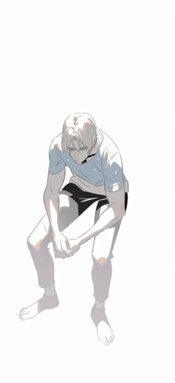 a handsome male,with short dark blond hair and blue eyes wearing a blue t-shirt and black pants, and he is sitting down, manwha art style