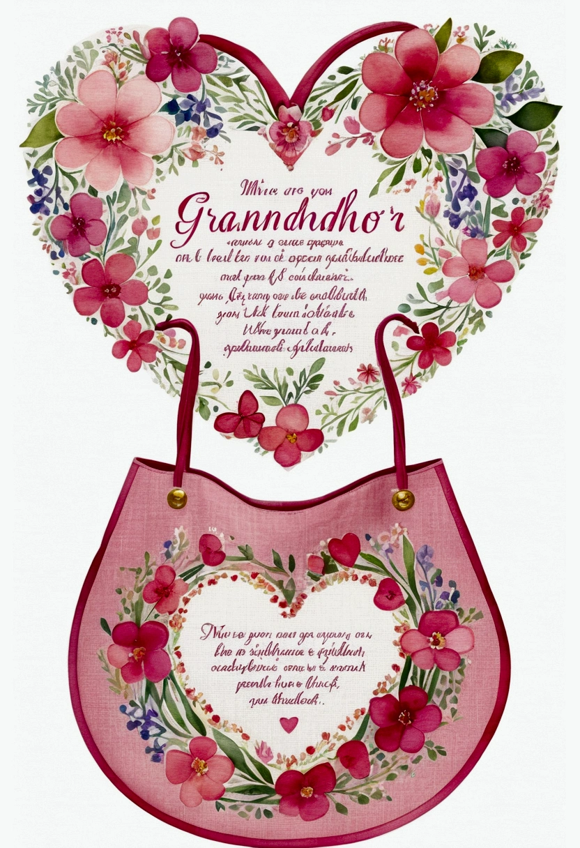 bag made of linen, is heart shaped, floral frame, Delicate watercolor flowers in vibrant shades of pink and pink, Engaging illustrations. ("grandmother, you are very special, And like you, there is no equal! Memento, of your beloved grandchildren" text:1.6, Portuguese).