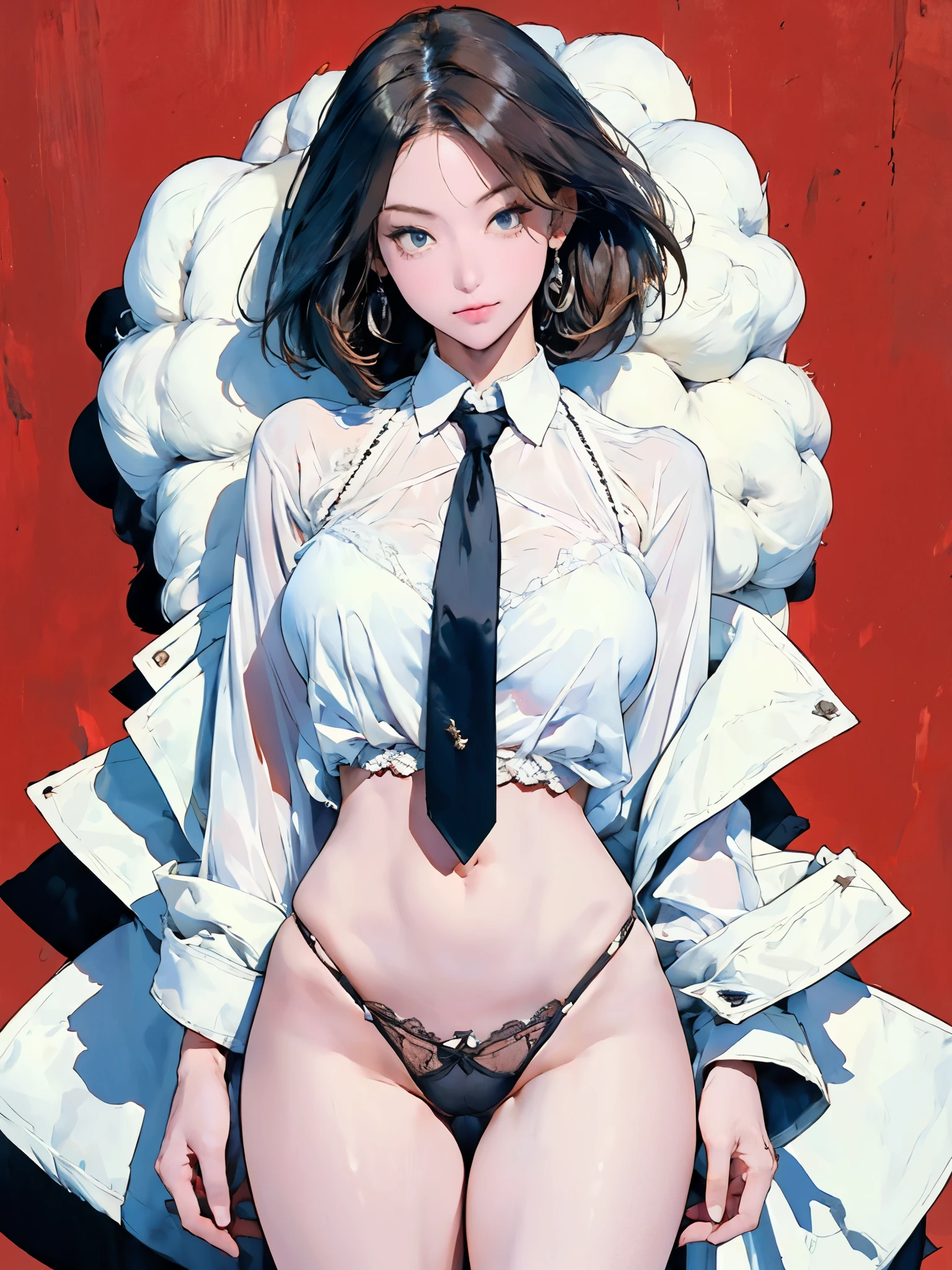 1girl, medium length brown hair, hair strands over forehead, (white color theme clothing), red background, thighs, detailed face, looking at viewer, transparent lace blouse, no bra, see-through lace panties lace glove, necktie, gigantic breasts,