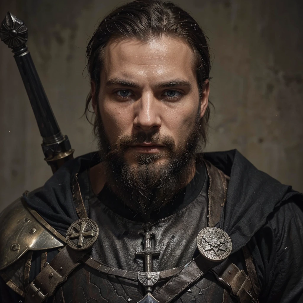 Conrad was a tall and strong young man, but an experienced man. He had piercing blue eyes, who seemed able to see through the very depths of the darkness of our world. His black hair was cut short, and the beard is quite thick, expressing severity , determination and paying tribute to its culture, Despite his young age, he already had gray strands of hair, this is a consequence of large doses of herbal decoctions and the internal state after all the battles with the horrors of this world . His face showed clear signs of battle and trials., reflecting his past when he was a Varangian and now , when he is a cleaner-messenger of God .
Conrad wore lightweight knight's armor on a leather suit decorated with the symbols of the New Vatican - a cross and other sacred signs, as well as pagan runes as a tribute to one’s past and ancestors. On his belt hung a sword with a carefully sharpened blade., shaped like a cross ready for battle at any moment. His stoic posture and confident gaze exuded unshakable determination and dedication to the war effort. .