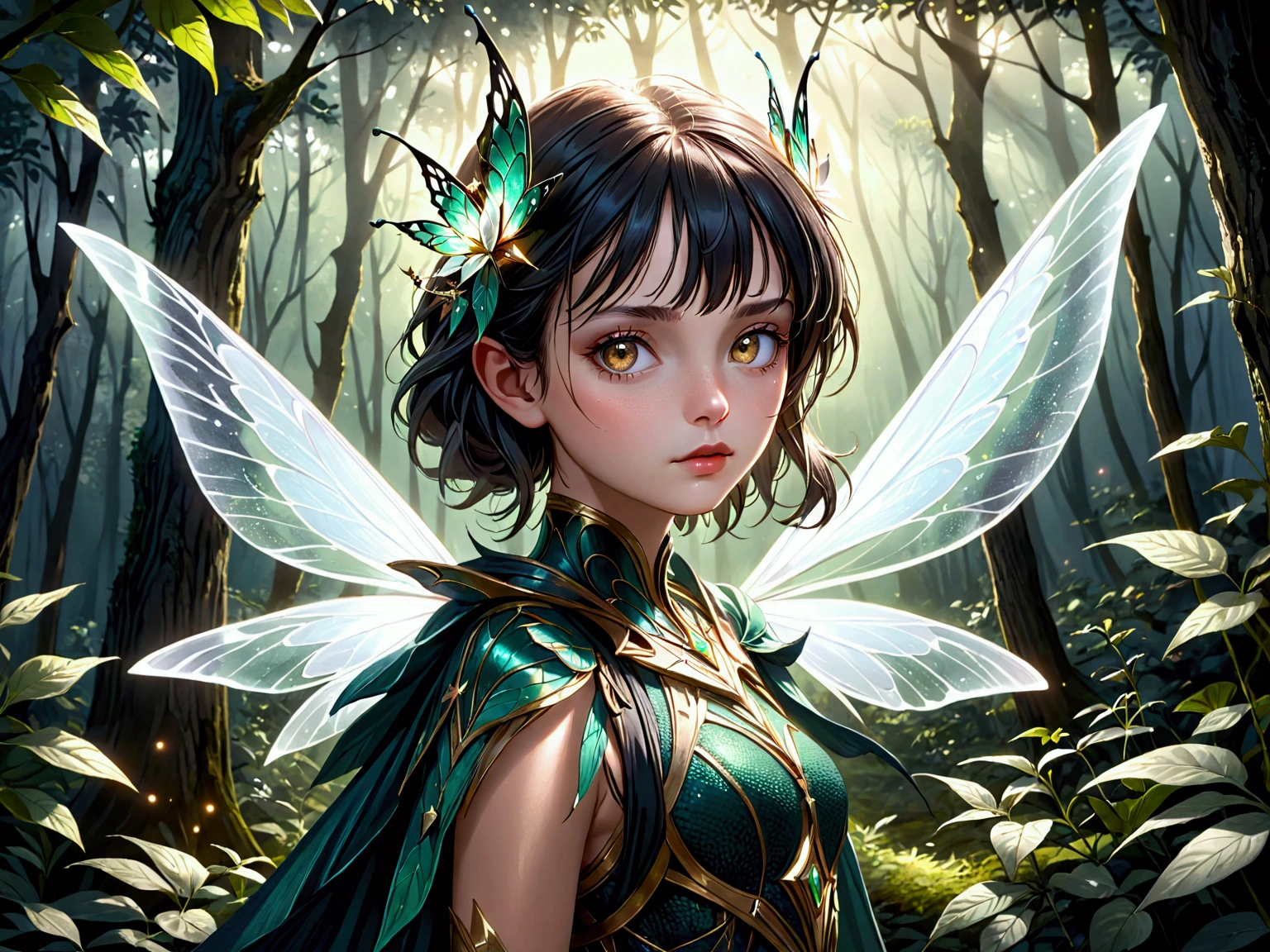 One fairy girl, Beautiful Face, ((White eyes)),, Fairy Wings, performer, space, (Lightroom:1.13), Soft Light, (Natural skin texture:1.2), (Hyperrealism:1.2), Sharp focus, Concentrated,In the mysterious forest,Detailed clothing design,medium shot, cowboy shot,Magical light