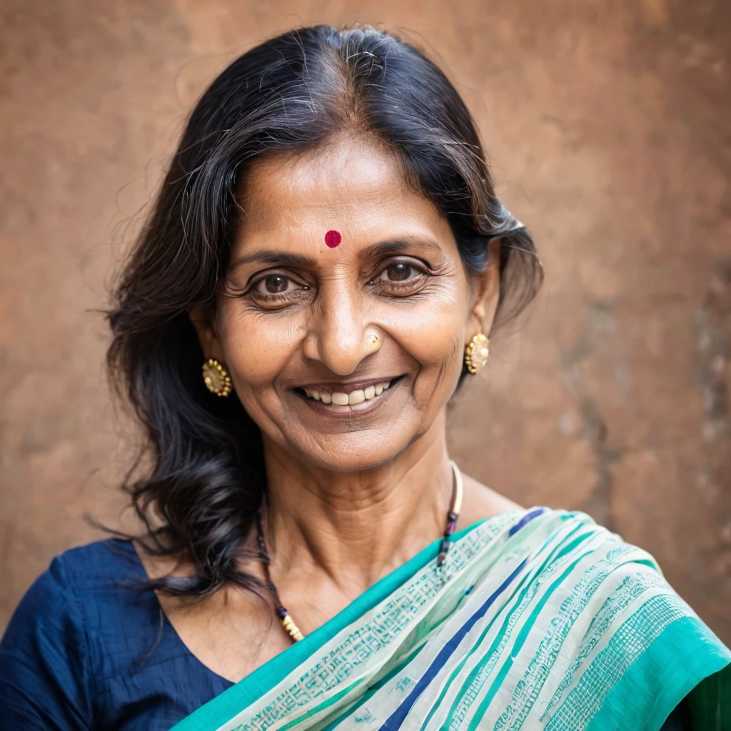MID-AGE INDIABN WOMAN portrait looking at the camera happy