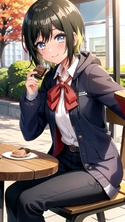 mahoakashi, looking at viewer, blush, shirt, long sleeves, bow, holding, sitting, , jacket, white shirt, outdoors, food, open clothes, day, collared shirt, hood, bowtie, red bow, open jacket, tree, black jacket, window, hoodie, chair, phone, table, sunlight, hood down, cellphone, red bowtie, smartphone, gift, lens flare, hand on own face, chocolate, valentine, bush