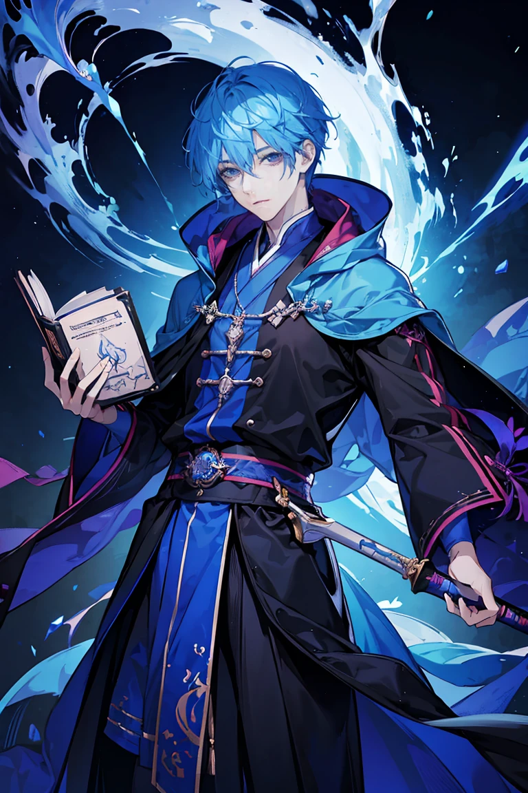 Sorcerer a pinkhightlightbluehair men, wearing a , fasion hair, fasion hair, slim body, hood, hakama, men, handsome face, tall 187cm, 21yearold, male, Secret, magicbook,