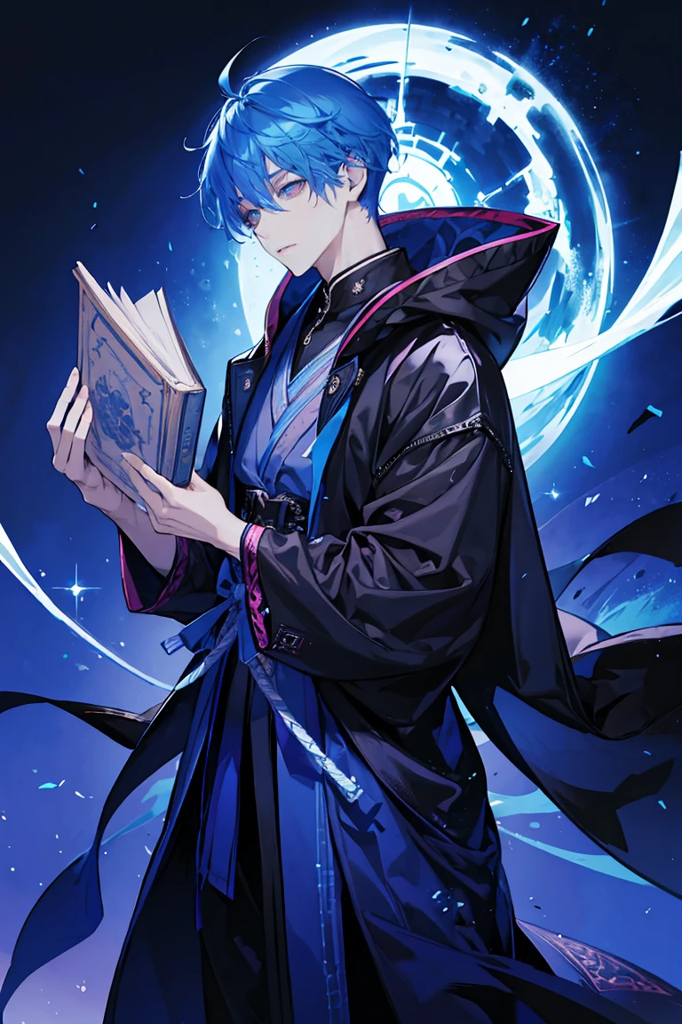 Sorcerer a pinkhightlightbluehair men, wearing a , fasion hair, fasion hair, slim body, hood, hakama, men, handsome face, tall 187cm, 21yearold, male, Secret,  magicbook, 