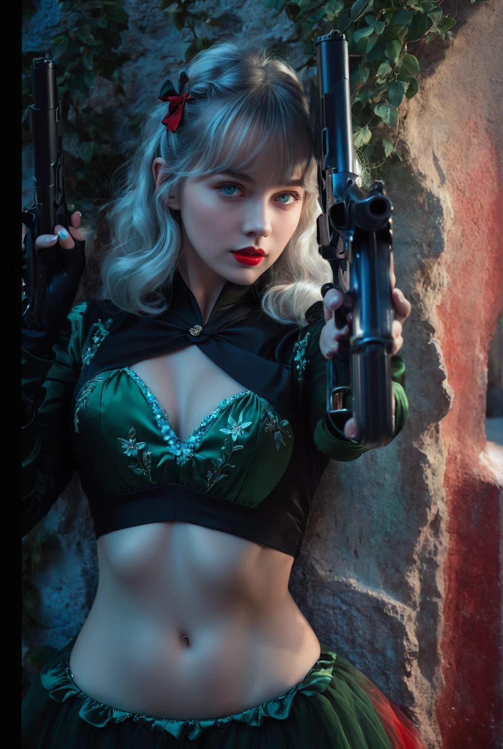 a close-up of a person holding a gun in both hands, sweet girl, woman with wavy silver hair, bangs, light blue eyes, red lips, delicate green dress,