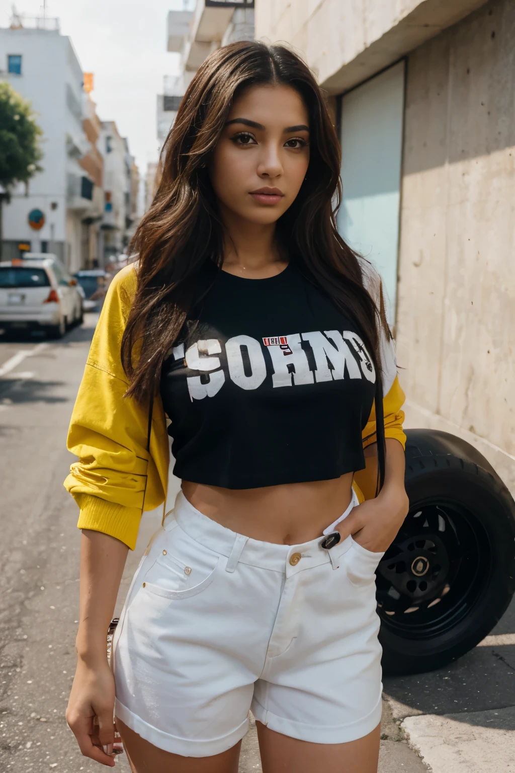 8k, of the highest quality, Ultra details, Elena, Hispanic beauty, women, urban street style, fashion fashion, Bold and fearless, embracing his heritage.