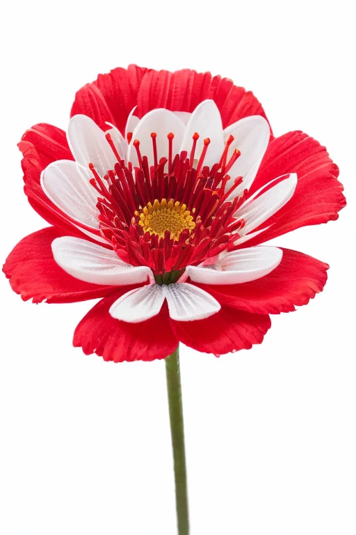 Red flower dress with white buds adorning the fabric, intricacy highlighted, set against a stark white background, digital painting, ultra realistic, vivid colors, highly detailed