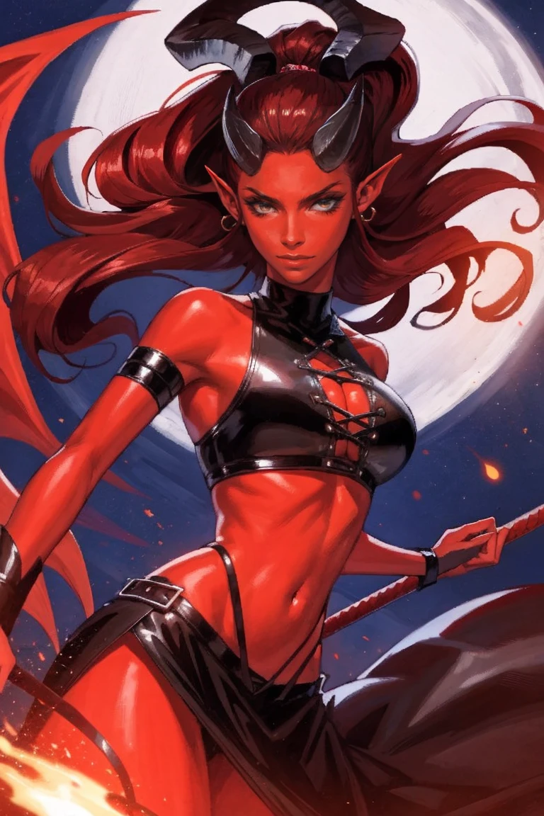 Red skin succubus tiefling, medium breasts, black horns, wings, huge tail, black leather, crop top, long flowing pelvic curtain, tall, toned, graceful, thin, long black ponytail. Action scene, whip. Dark scene, explosions, night sky.