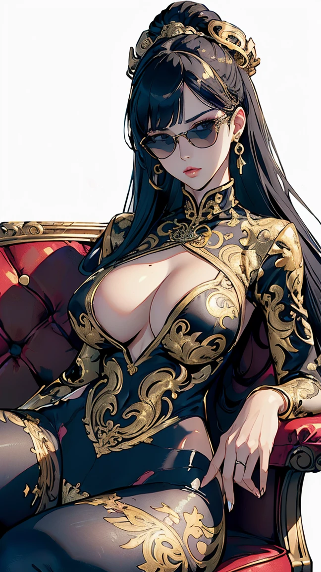 ((best quality,4k,highres,masterpiece:1.2)),((character concept art)), 1 female, age 25, Chinese Hong Kong, Hong Kong Elite, eldest sister, triad female leader, Known for her impeccable fashion sense and elegant demeanor, she is a true embodiment of the Versace brand. Her body language is as captivating as her style, always exuding confidence and high fashion. (((She's wearing an exquisite Versace Barocco-print Shirt in Silk and Barocco-print leggings gold-tone/white/black, a true testament to the brand's luxurious aesthetic.))) Paired with Versace Medusa Tribute Sandals, she carries her ensemble with an air of effortless sophistication. Her accessories include a Versace Medusa Tribute Bag and a pair of Versace Tribute Sunglasses, enhancing her overall look. ((intricate detail)), super finely detailed hands, ultra finely detailed fingers(((ten fingers))), (standing still with confidently), (full body showcase), (show full body), (no logos on background), (no logo), ((plain background)), ((plain background)), (((empty background))). Huge perky breasts, deep cleavage 1.8, thick thighs, hands in hair, cameltoe 1.8, curvy, ((sitting on sofa, spreading legs wide open , cameltoe 1.8))